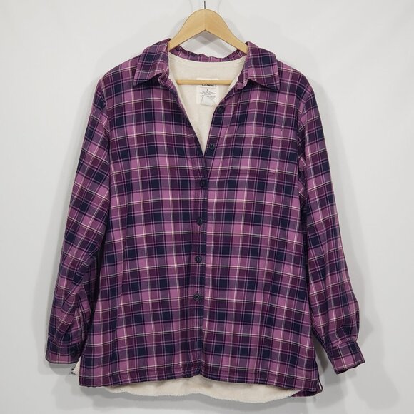 LL Bean  Purple Plaid Flannel Jacket   with Fleece Lining   Medium - Picture 1 of 5